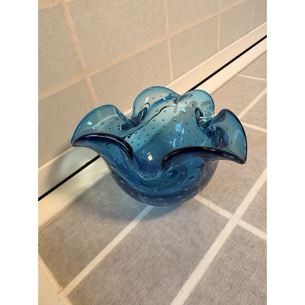 Vtg Murano Bullicante Style Blue Ashtray Trinket Bowl Controlled Air Bubbles